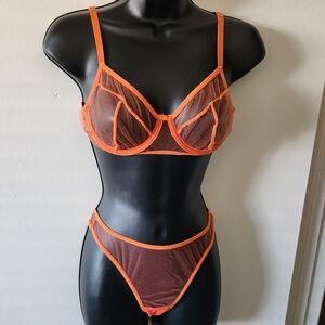 Orange mesh wired bra with panty women's size small